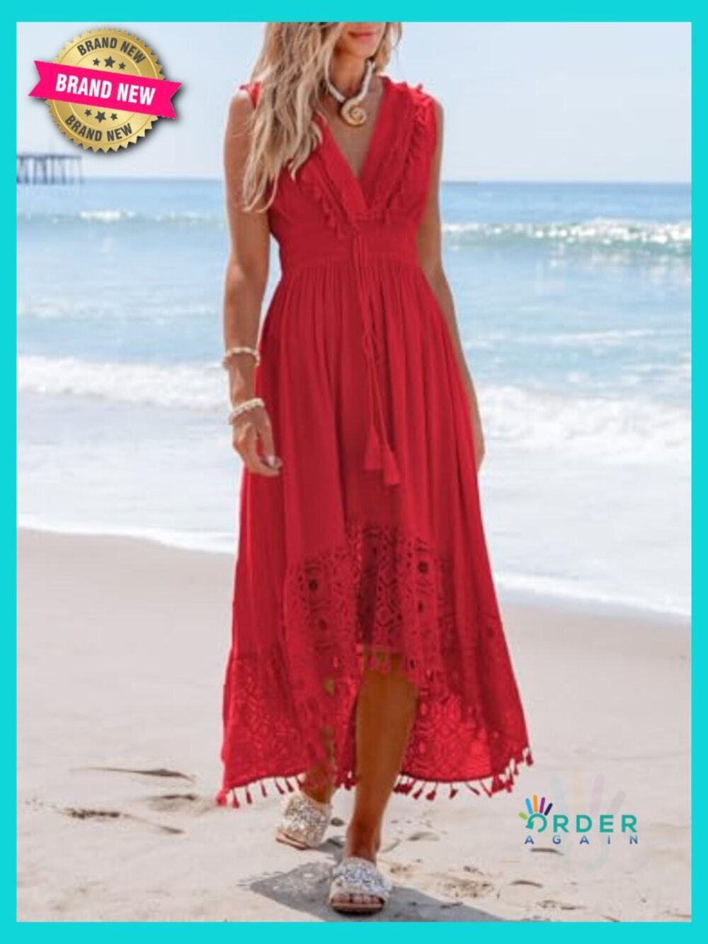 V Neck Sleeveless Lace Tassel Smocked Waist Maxi Dress Boho Beach Formal Long - Picture 4 of 4